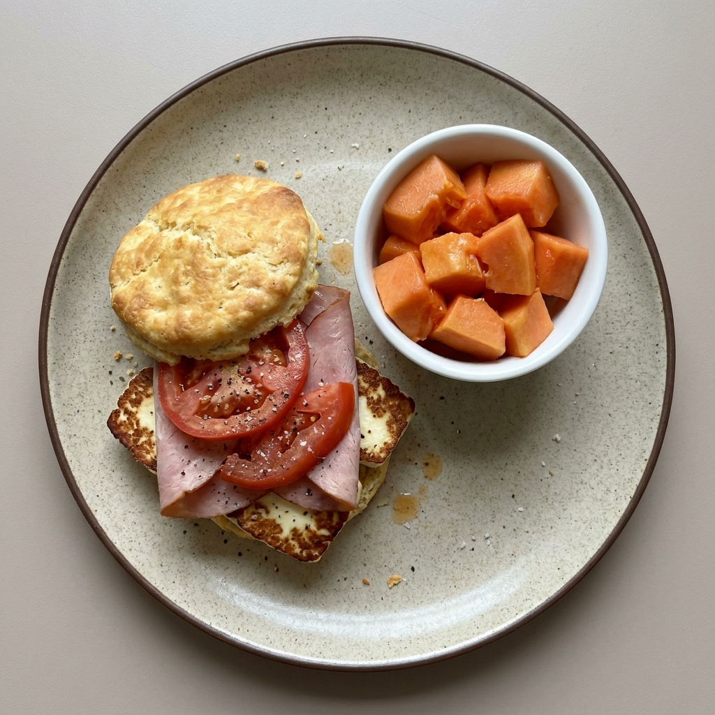 Bisquet relleno de jamón, queso panela y jitomate con bowl de papaya