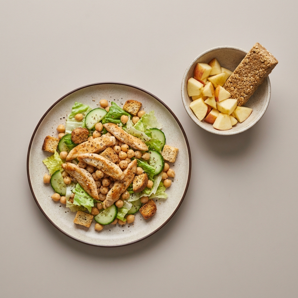 Ensalada de pollo con garbanzo y croutones, con bowl de manzana y barra de avena