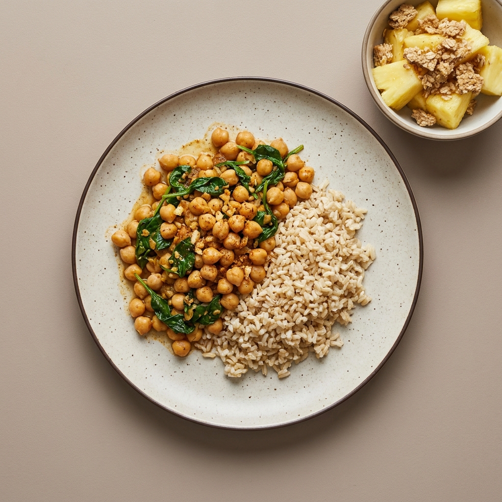 Garbanzos guisados con espinaca, arroz integral, y bowl de piña con barra de avena