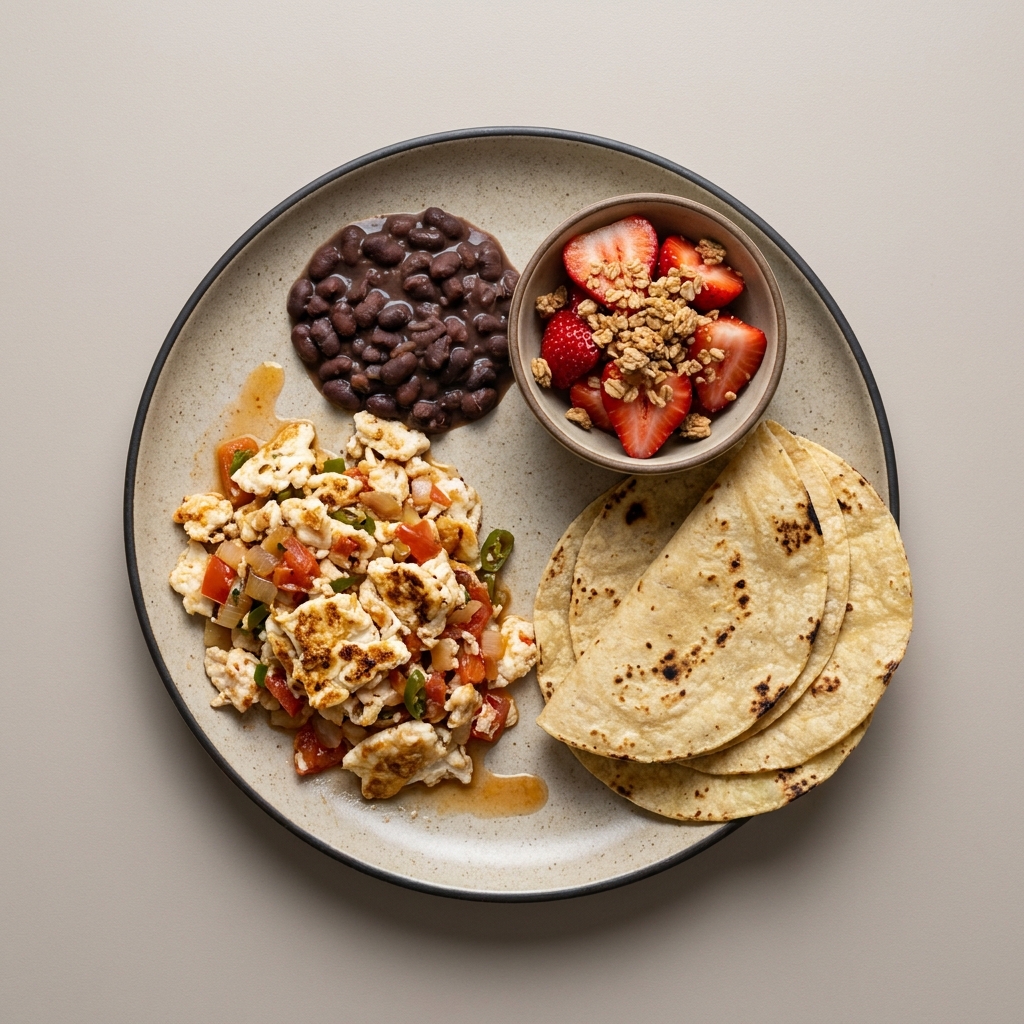 Claras a la mexicana con frijoles de la olla y tortillas, con bowl de fresa y granola