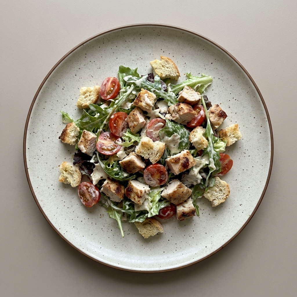 Ensalada de pollo con croutones y aderezo de yogurt
