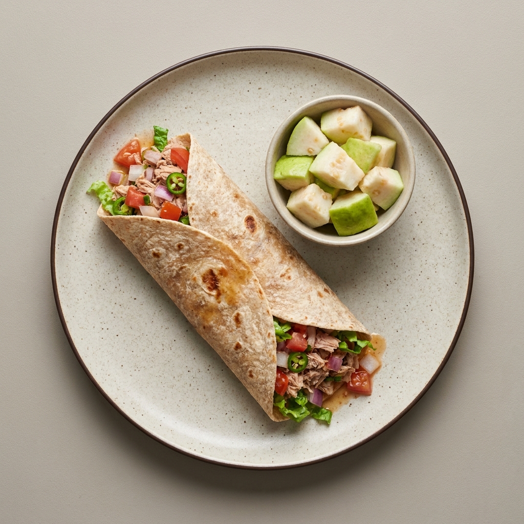Burrito de atún a la mexicana con lechuga y bowl de guayaba