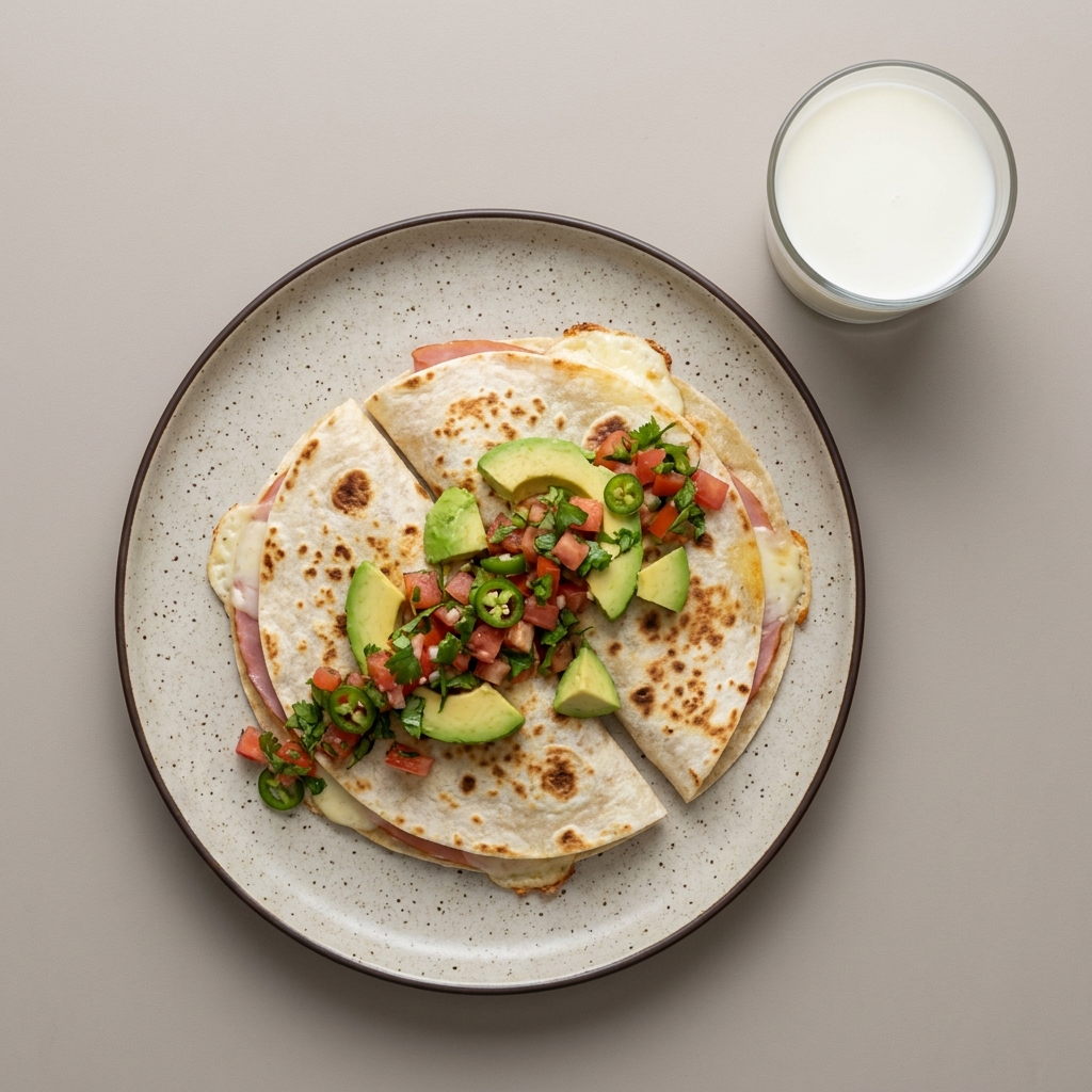 Sincronizadas de jamón y panela con aguacate, con vaso de leche