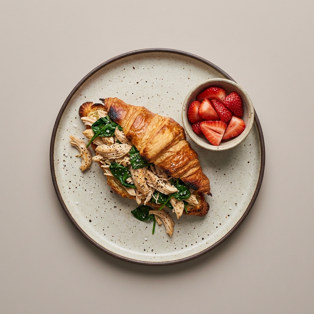 Croissant relleno de pollo deshebrado con espinaca y bowl de fresas