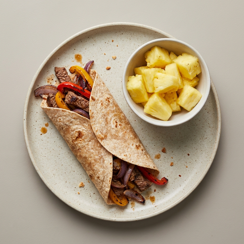 Burrito de arrachera con pimientos y cebolla con bowl de piña