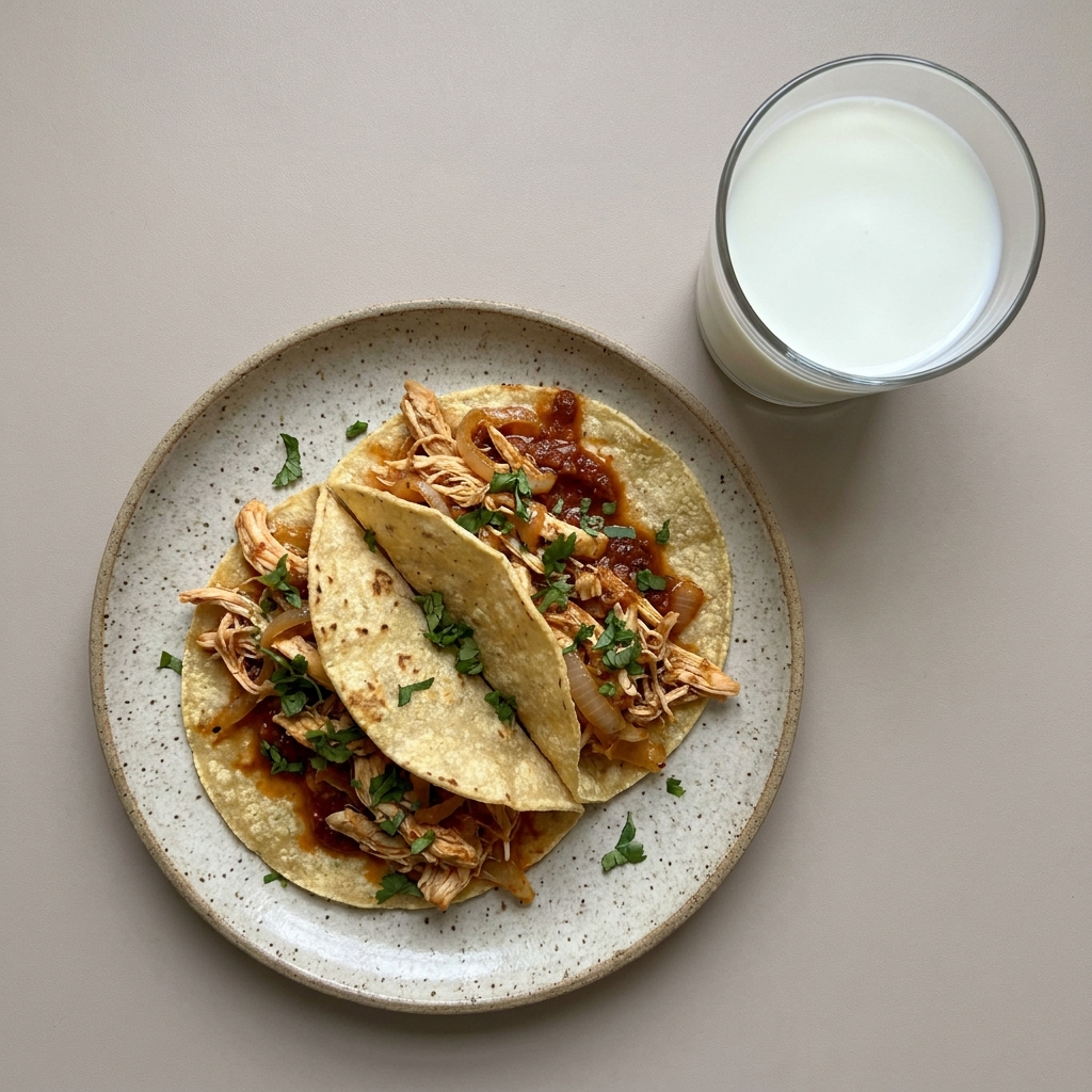 Tacos de tinga de pollo, con vaso de leche