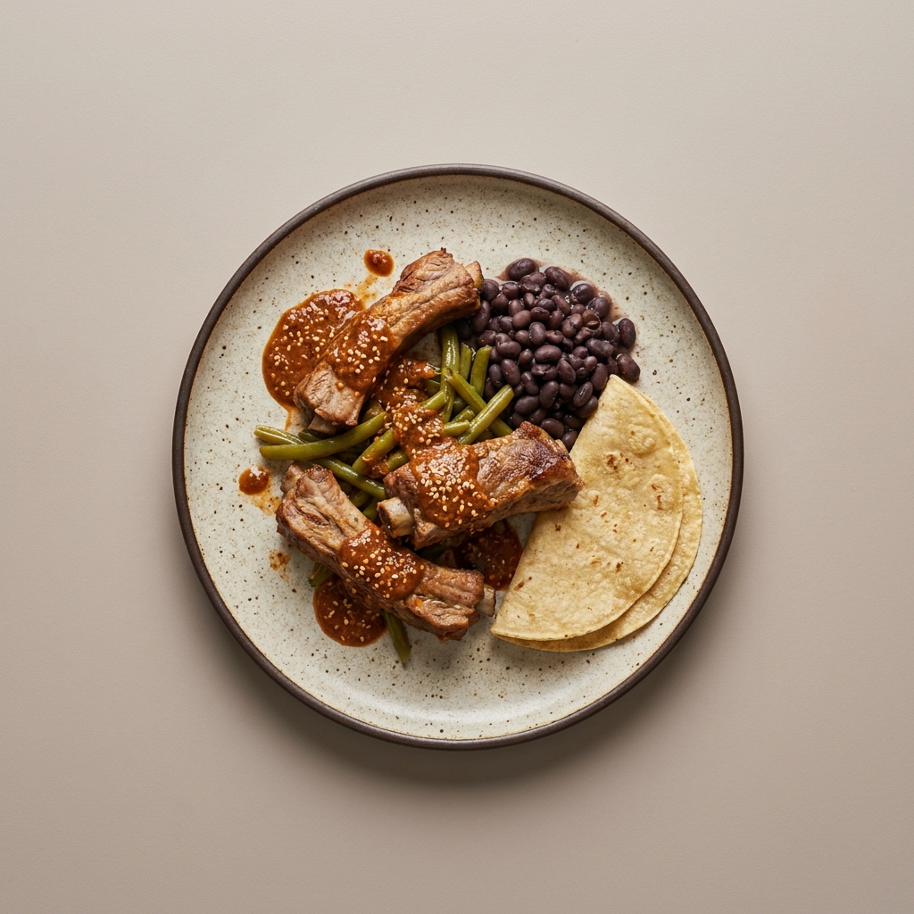 Costillas de cerdo en salsa de ajonjolí con ejotes