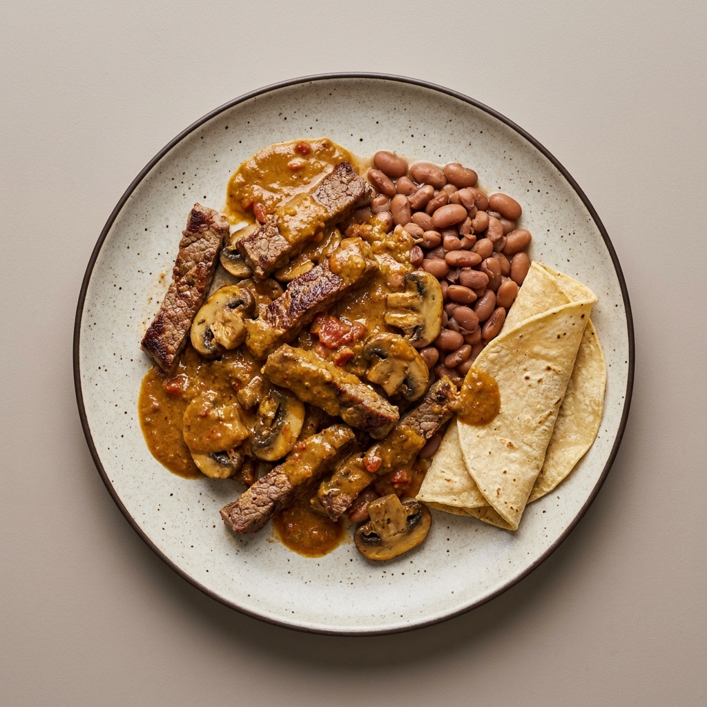 Bistec encacahuatado con champiñones