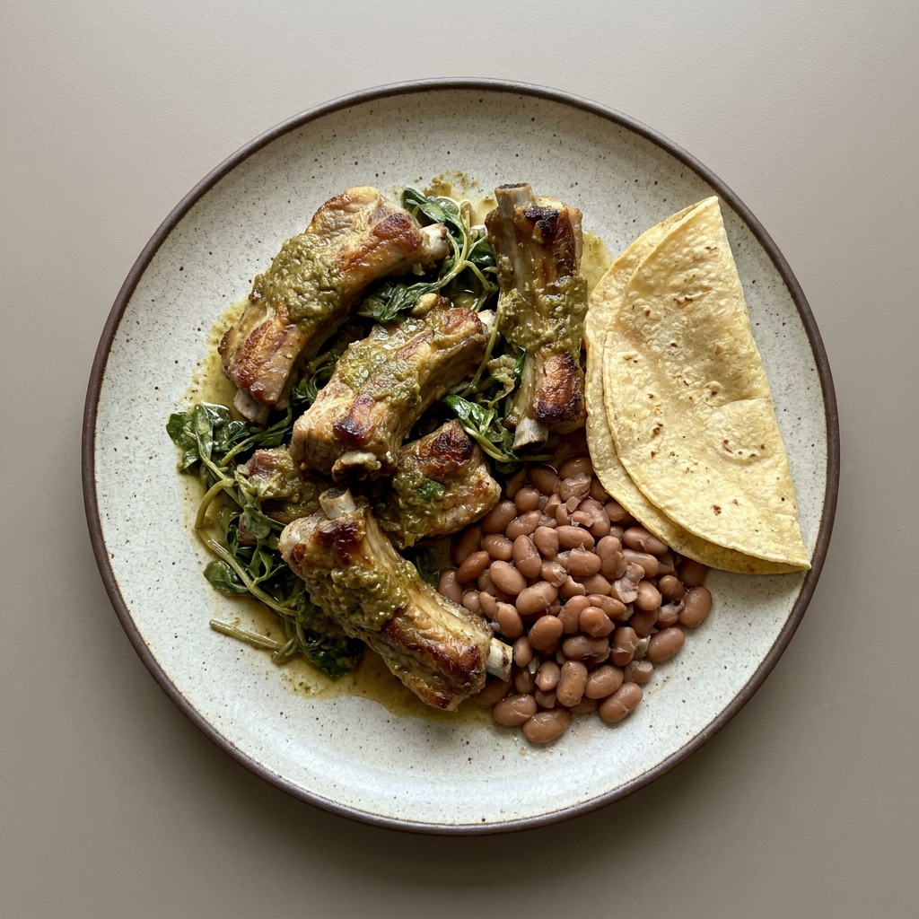 Costillas de cerdo en pipián verde con verdolagas