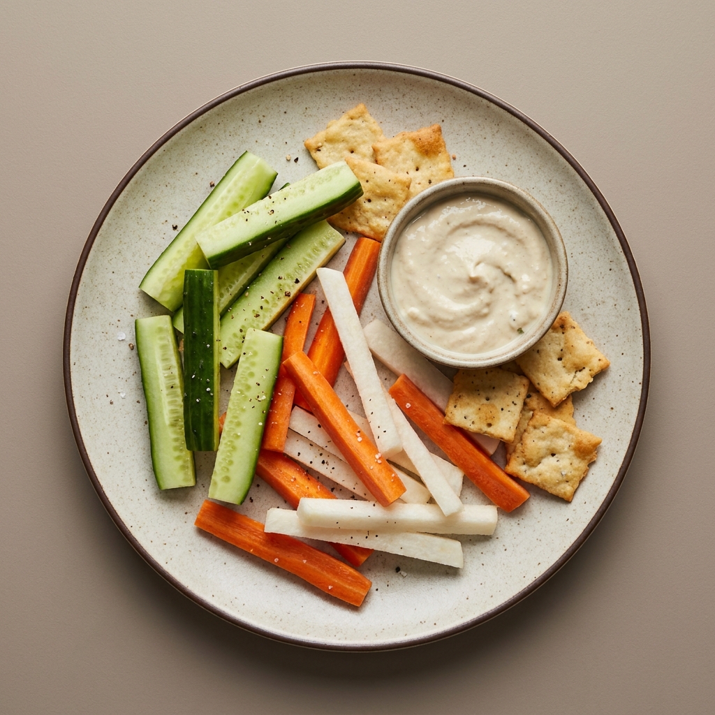 Bastones de pepino, zanahoria y jícama con dip cremoso de tahini y yogurt, con galletas saladas