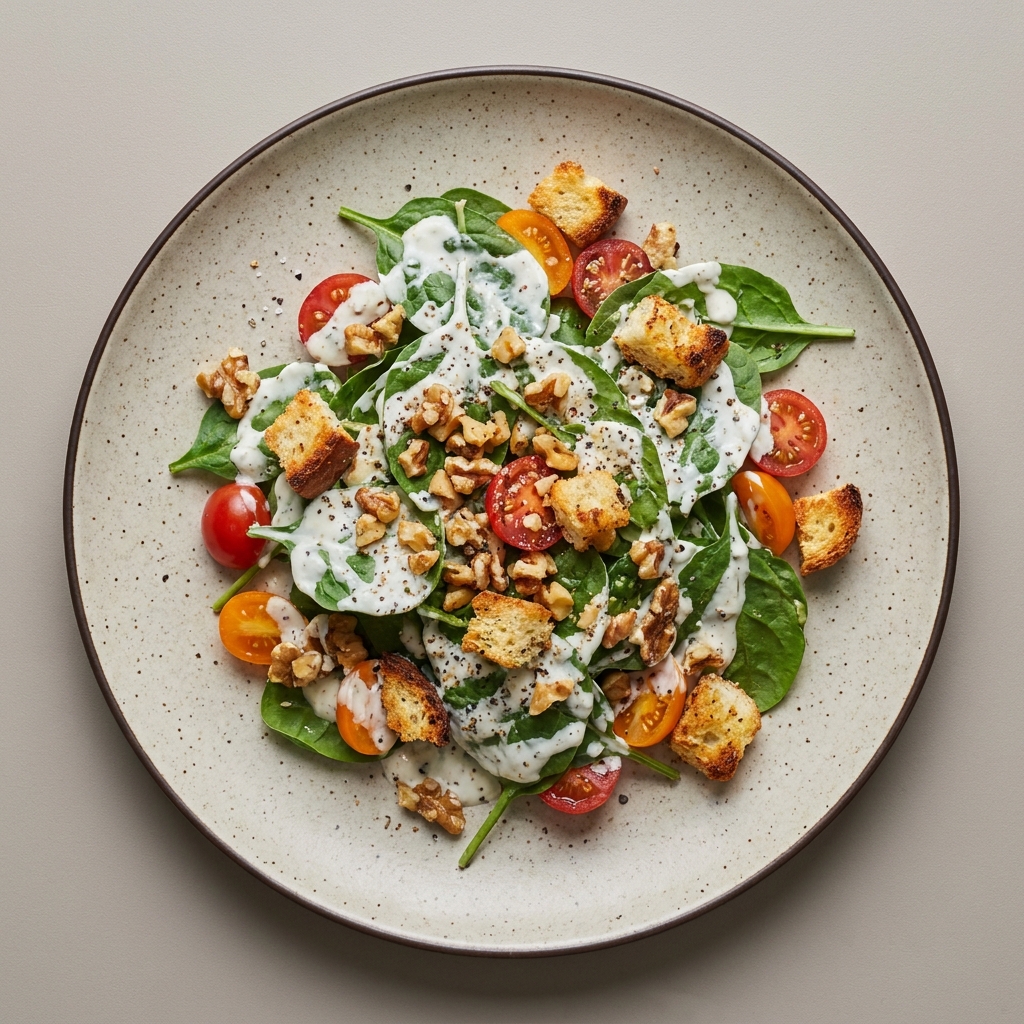 Ensalada de espinaca y jitomate con aderezo de yogurt, nuez y croutones