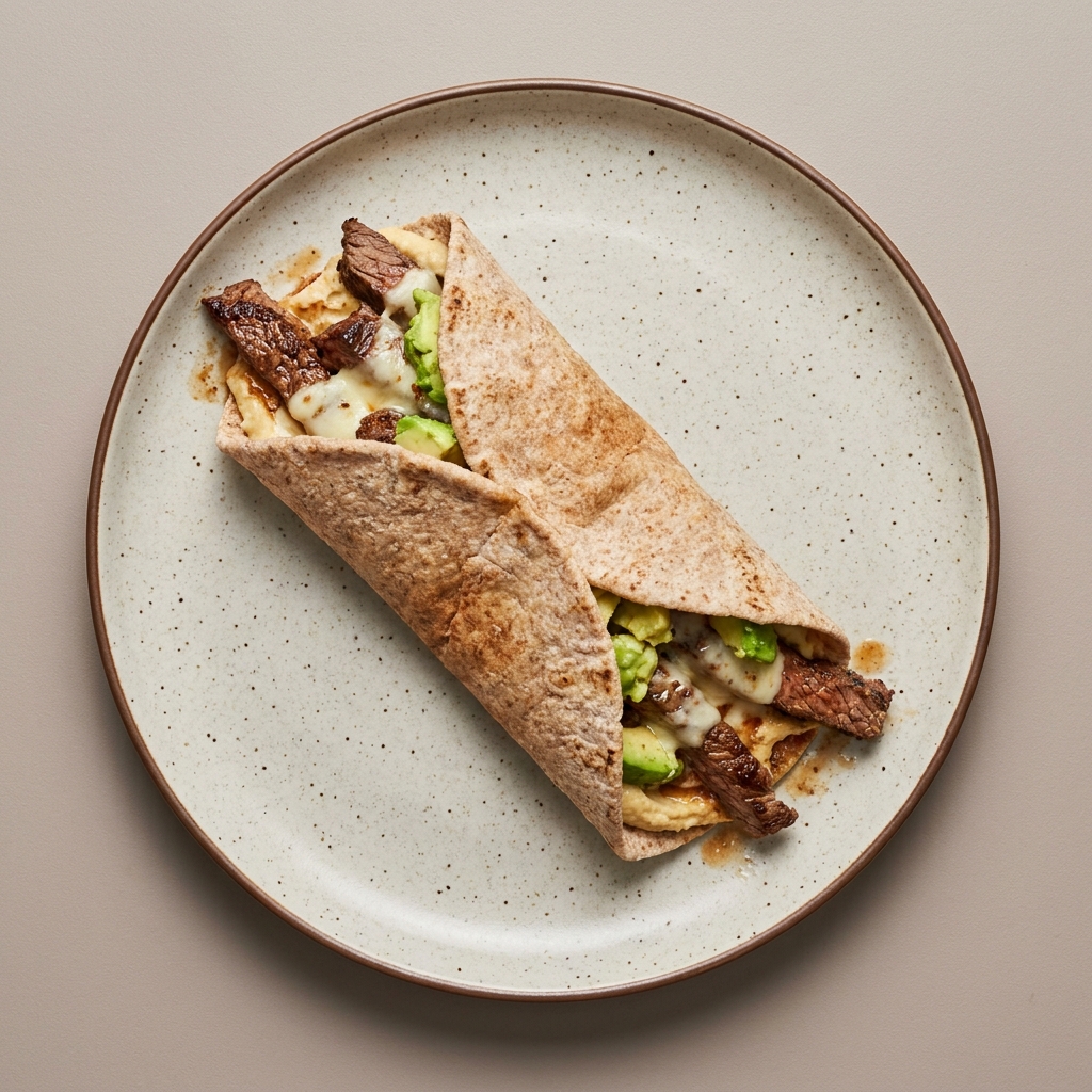 Wrap arabe de arrachera con queso, hummus y aguacate