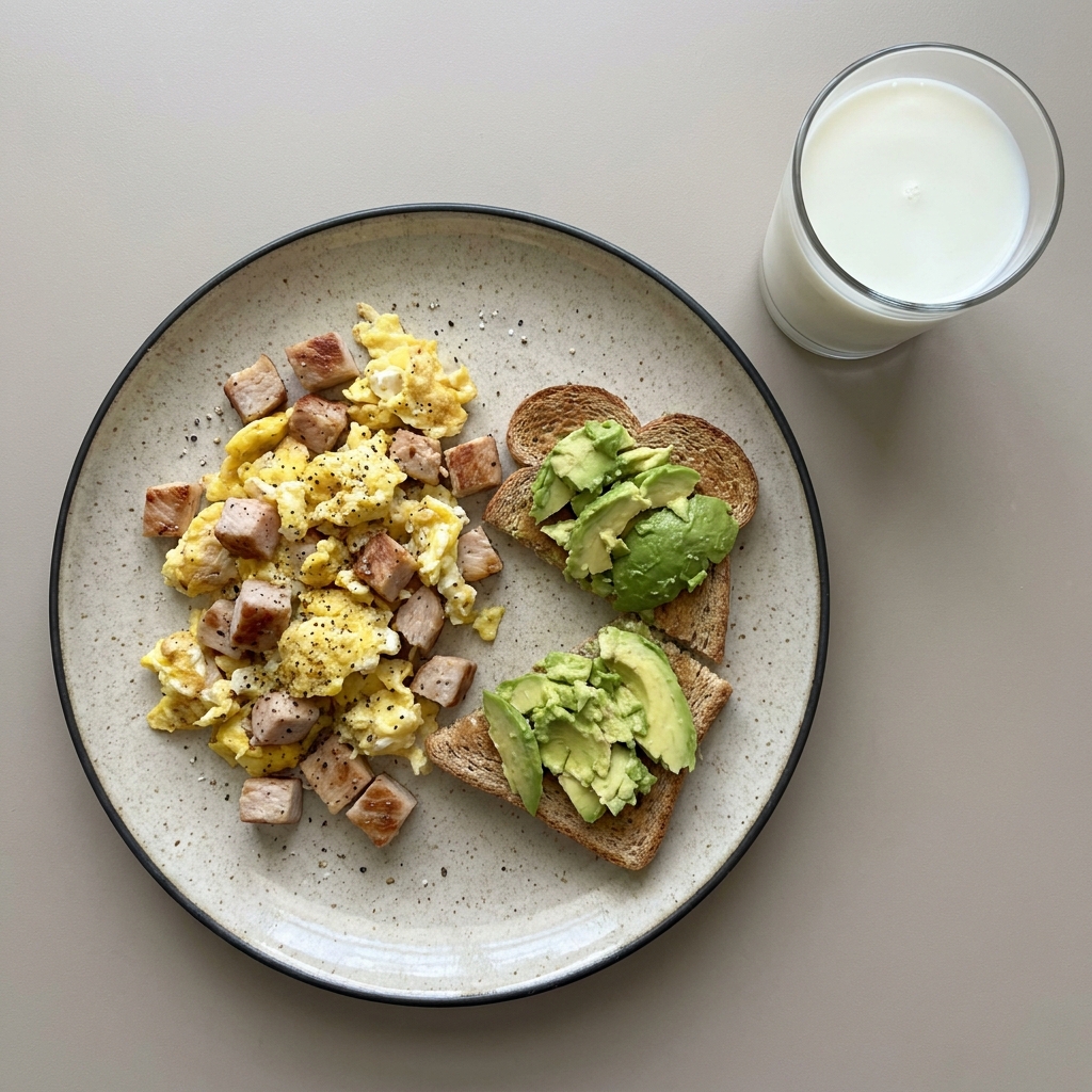 Huevos revueltos con pechuga de pavo, pan tostado y aguacate