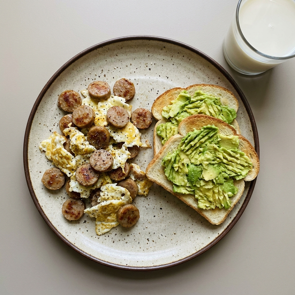 Claras revueltas con salchicha de pavo, pan tostado y aguacate