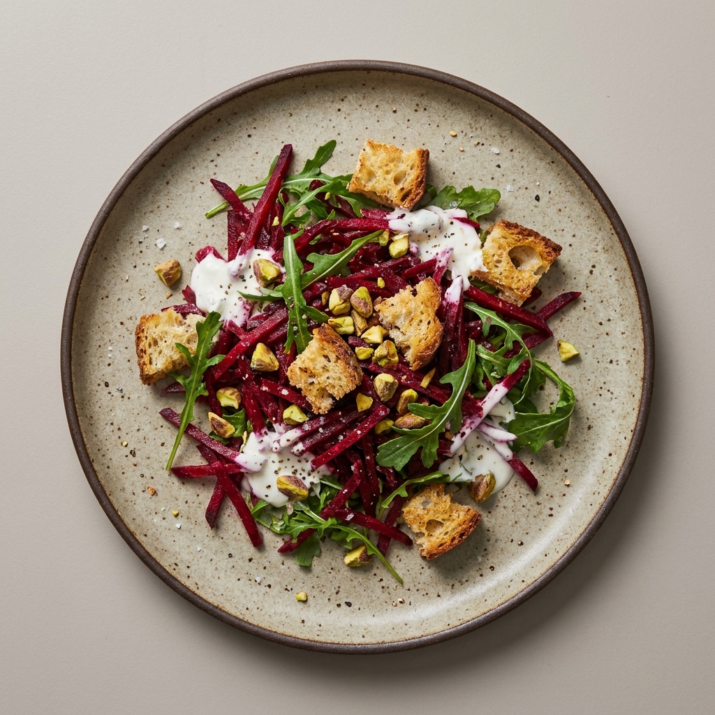 Ensalada de betabel y arúgula con aderezo de yogurt, pistache y pan de masa madre