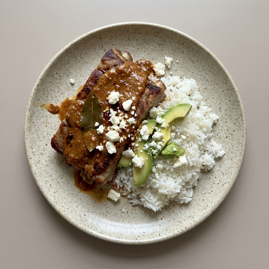 Costillas de cerdo en salsa de cacahuate con arroz y queso fresco