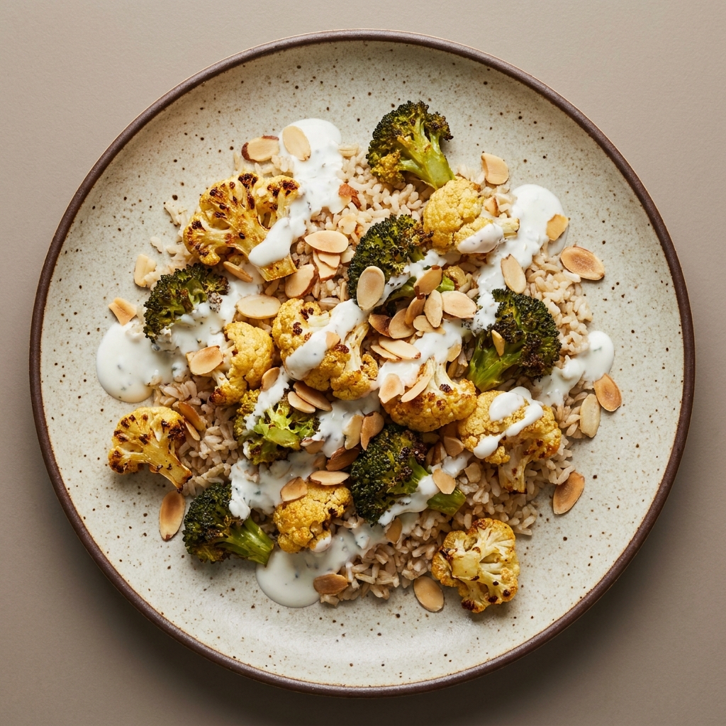 Coliflor y brócoli rostizados con salsa cremosa de yogurt y almendra, con arroz integral