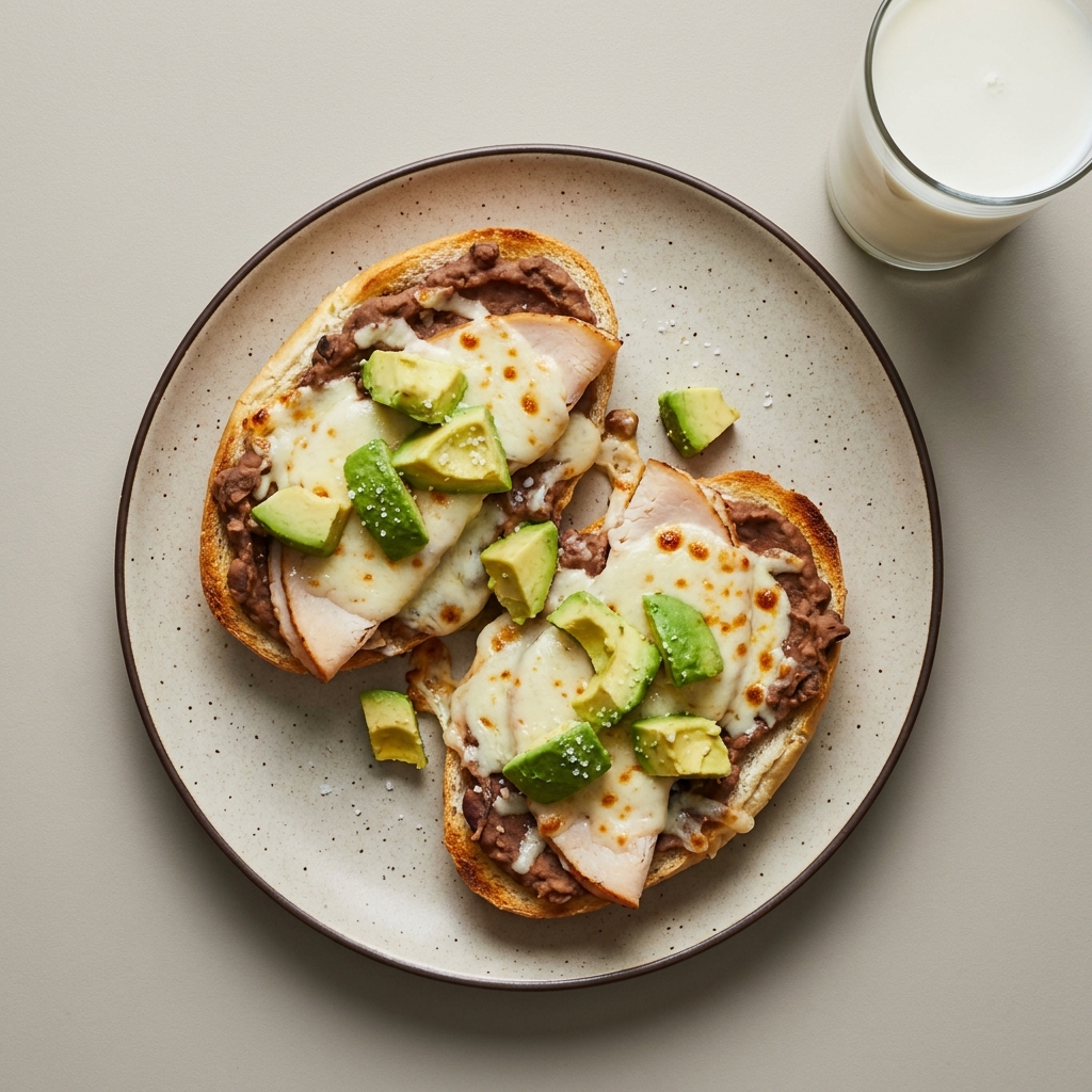 Molletes de pavo y queso con frijoles refritos y aguacate, con vaso de leche