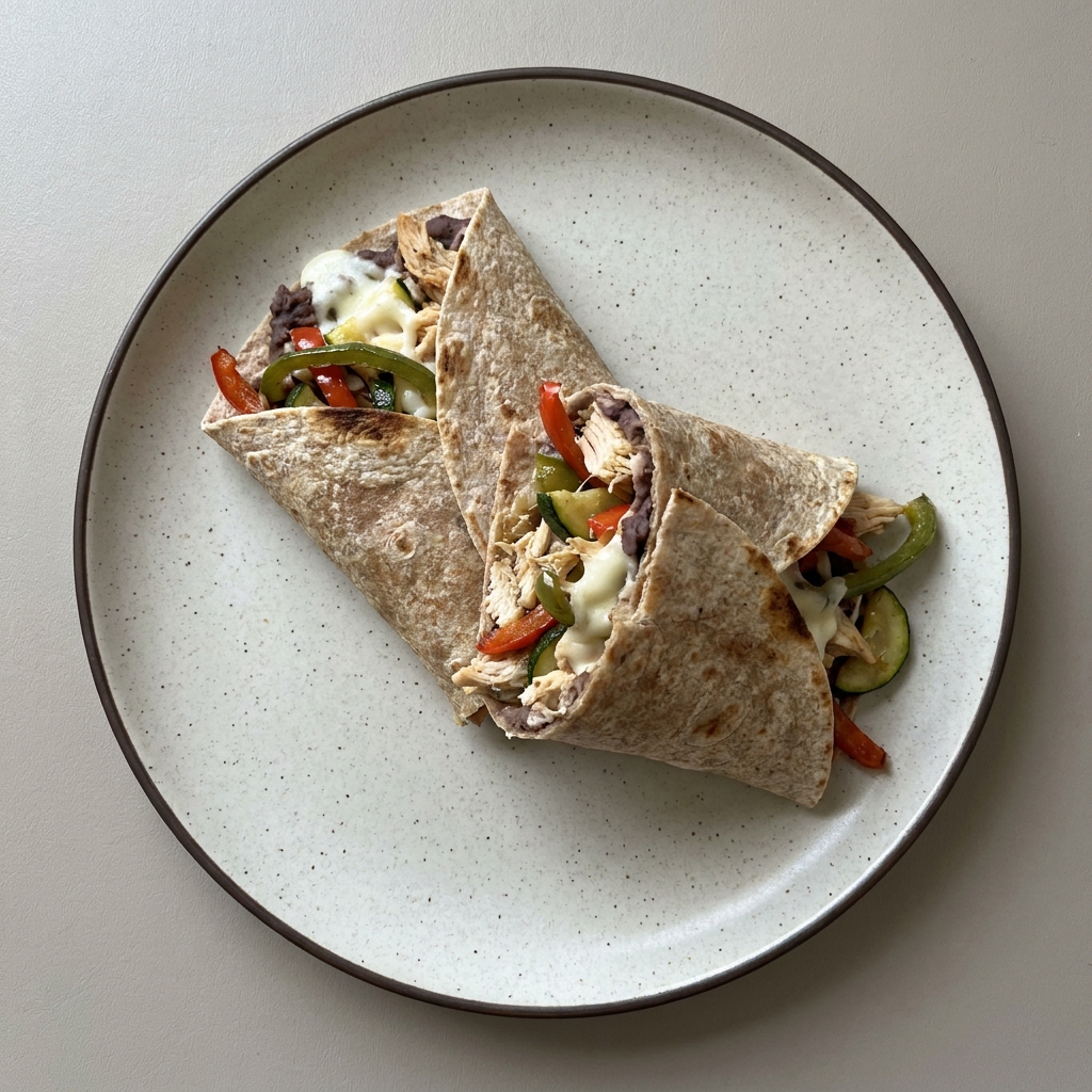 Wrap de pollo con frijoles, queso, pimiento y calabacita