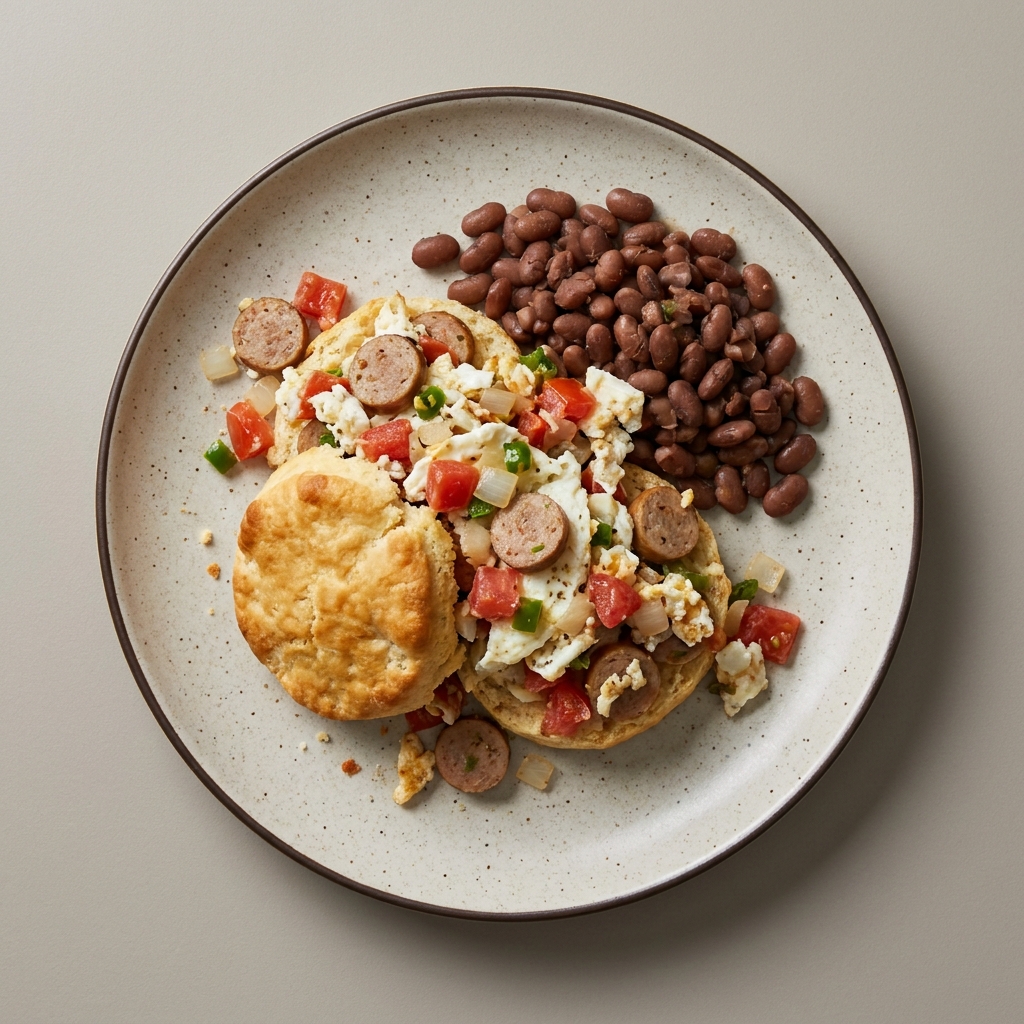 Bisquet relleno de salchicha de pavo con claras a la mexicana