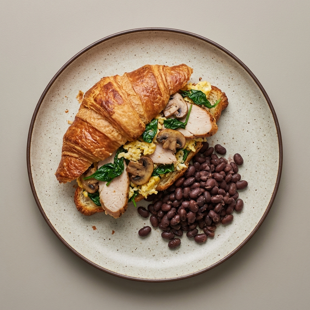 Croissant relleno de huevo con pechuga de pavo y espinaca