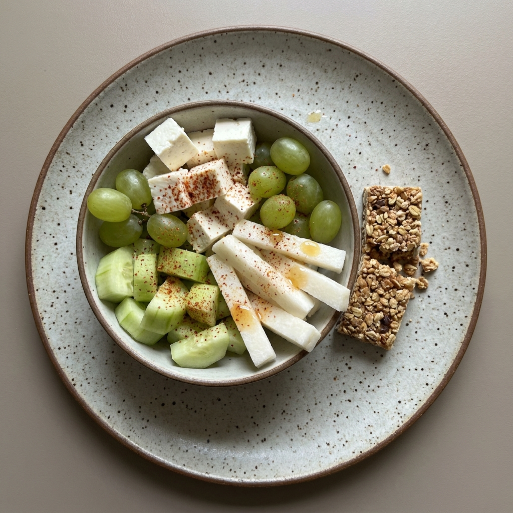 Bowl con queso panela, jícama, pepino, uvas y barra de granola