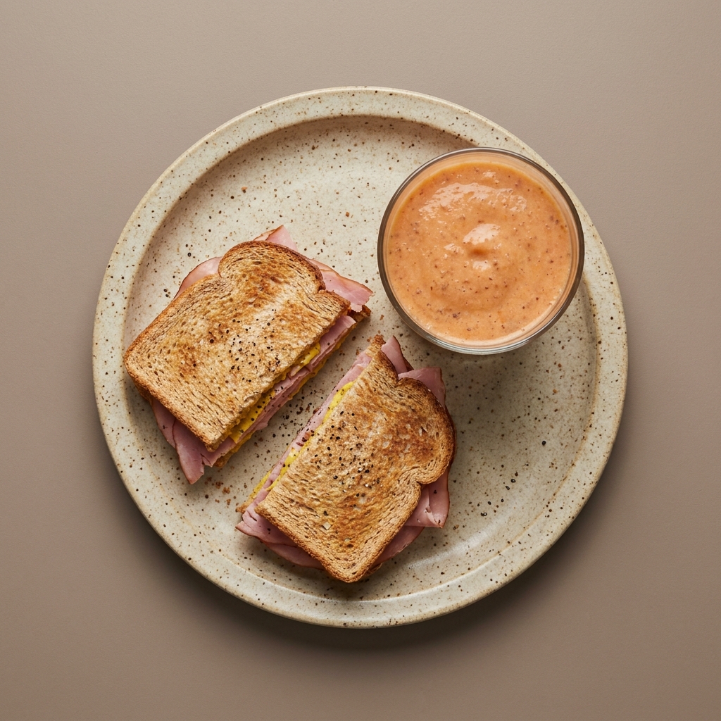 Sándwich de jamón con licuado de papaya y linaza