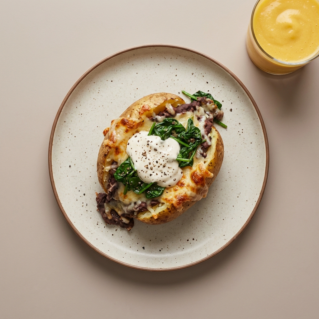 Papa al horno rellena de frijoles con queso manchego gratinado, crema y espinaca, con licuado de mango