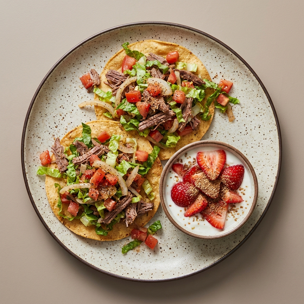 Tostadas de salpicón de res con bowl de fresa, yogurt y linaza