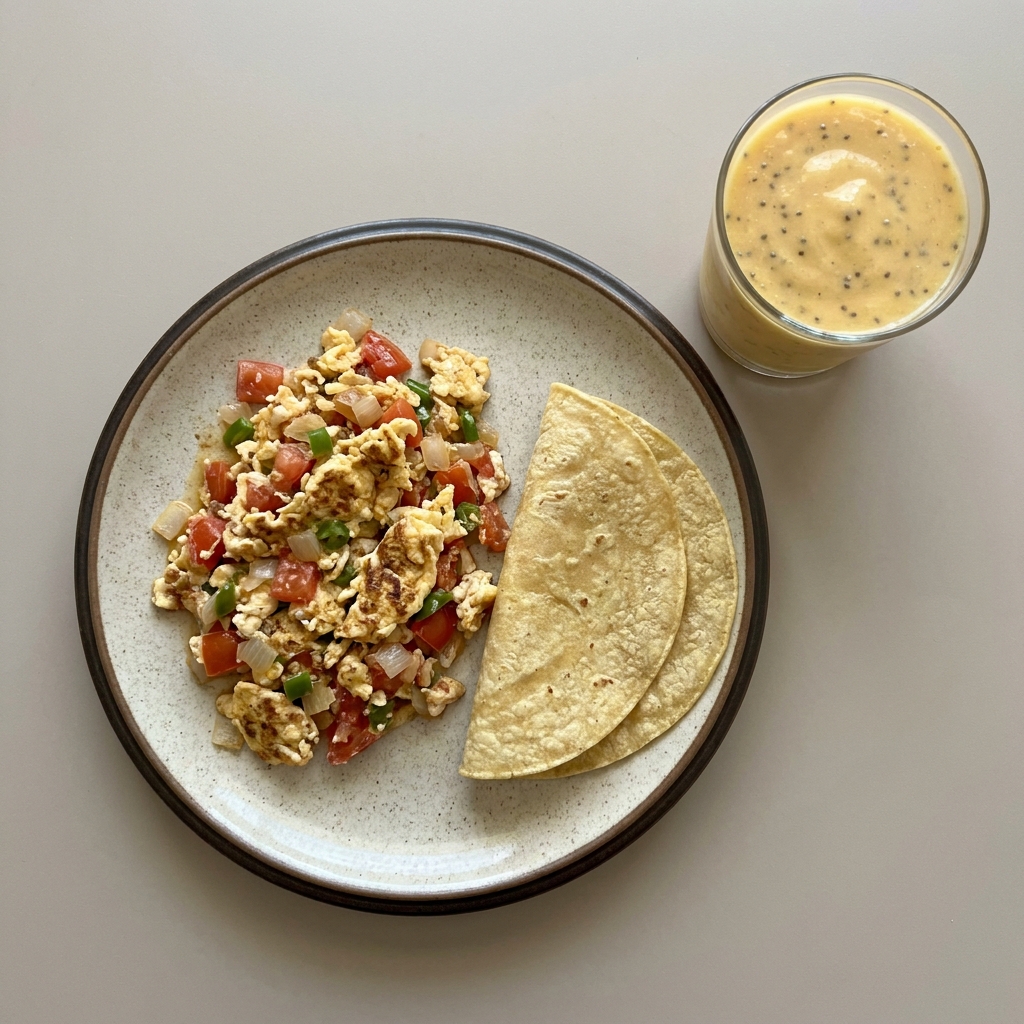 Huevos a la mexicana con licuado de mango con chía