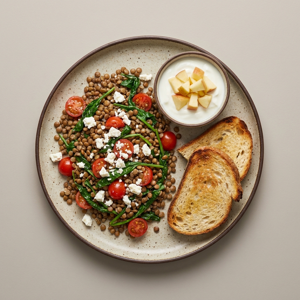 Ensalada de lenteja con queso feta, pan de masa madre y bowl de yogurt con manzana