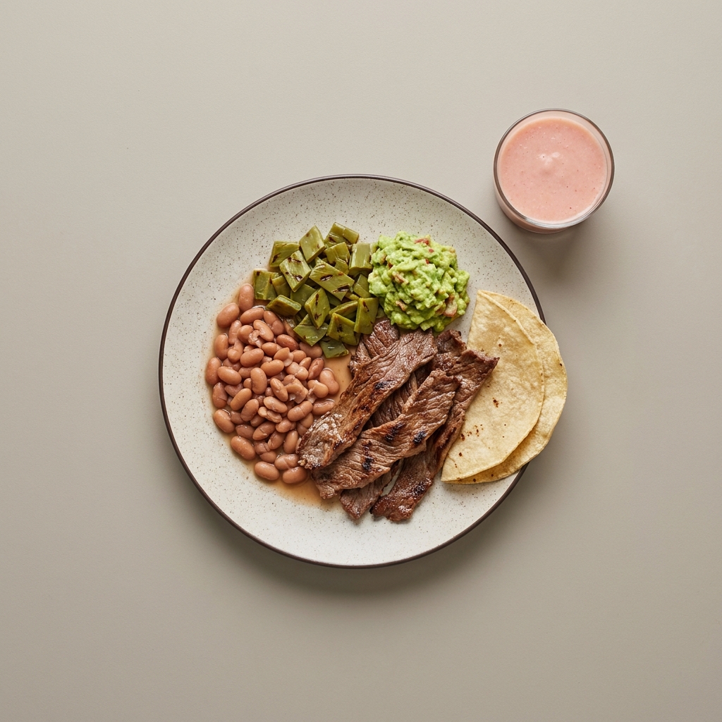 Cecina de res asada con frijoles de la olla, nopales y guacamole, con licuado de guayaba