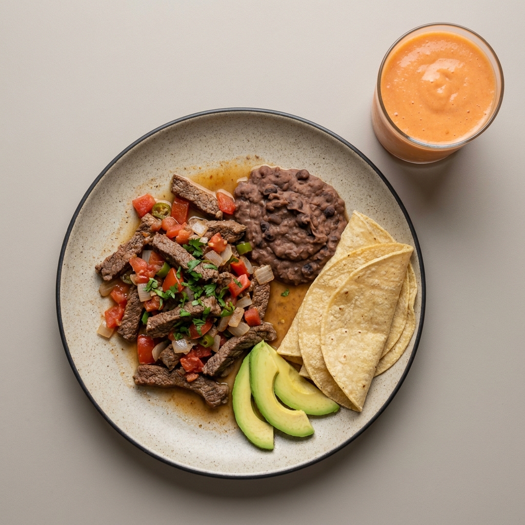 Bistec a la mexicana con frijoles, tortillas y aguacate, con licuado de papaya