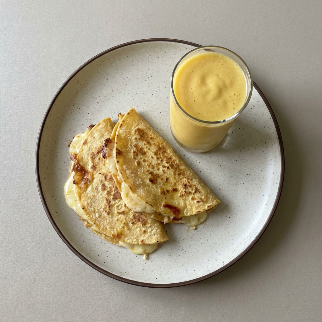 Quesadillas de queso oaxaca con licuado de mango y miel