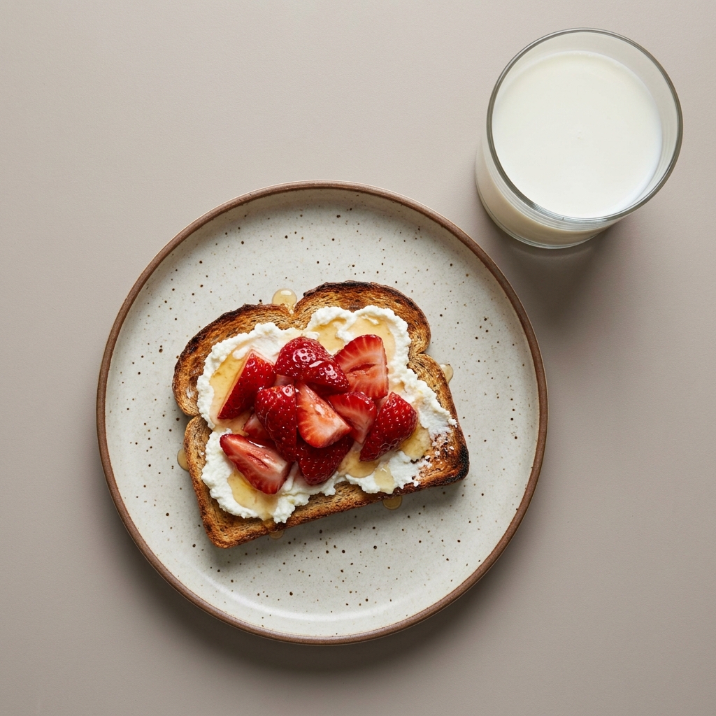 Pan integral tostado con queso ricotta, fresa y miel, con vaso de leche