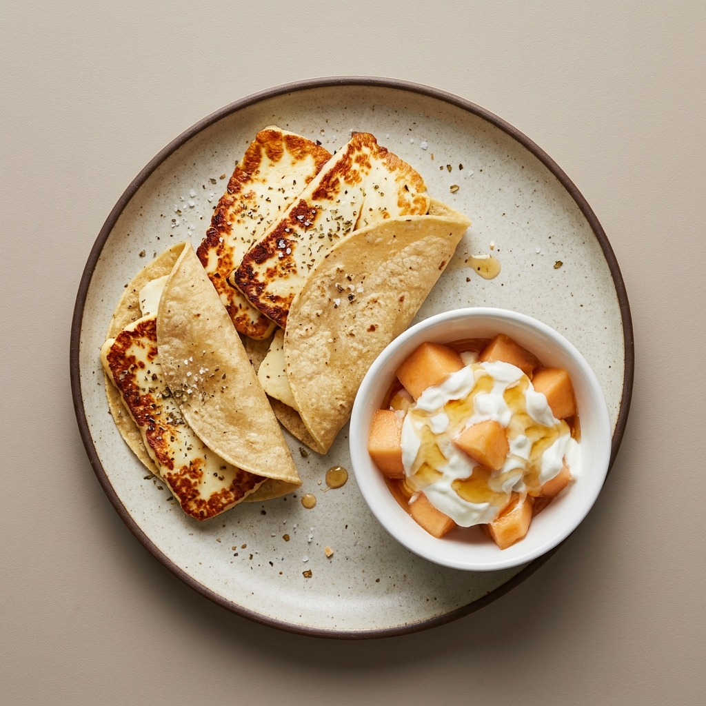 Queso panela asado con tortillas de maíz y bowl de melón con yogurt y miel