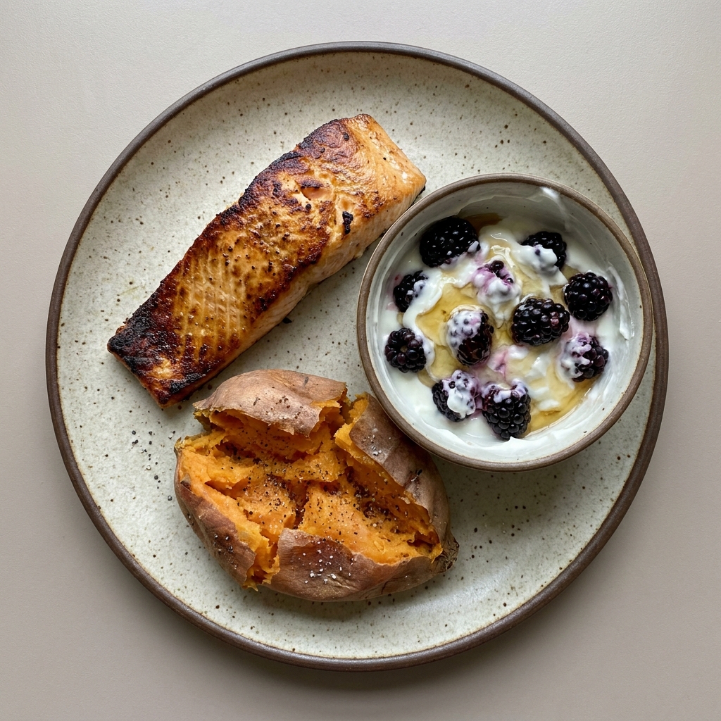 Salmón a la plancha con camote al horno y bowl de yogurt griego con zarzamora y miel