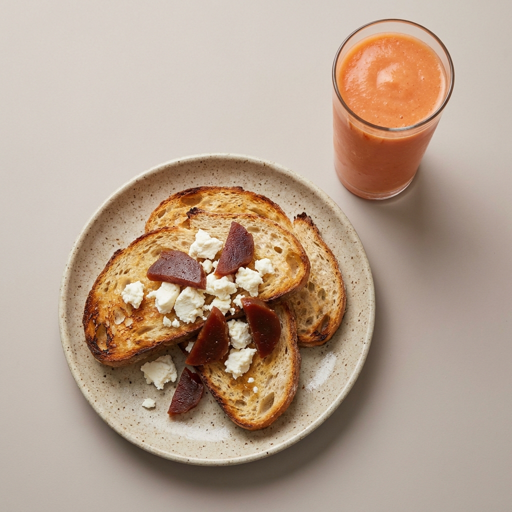 Pan de masa madre con queso fresco y ate de guayaba, con licuado de papaya