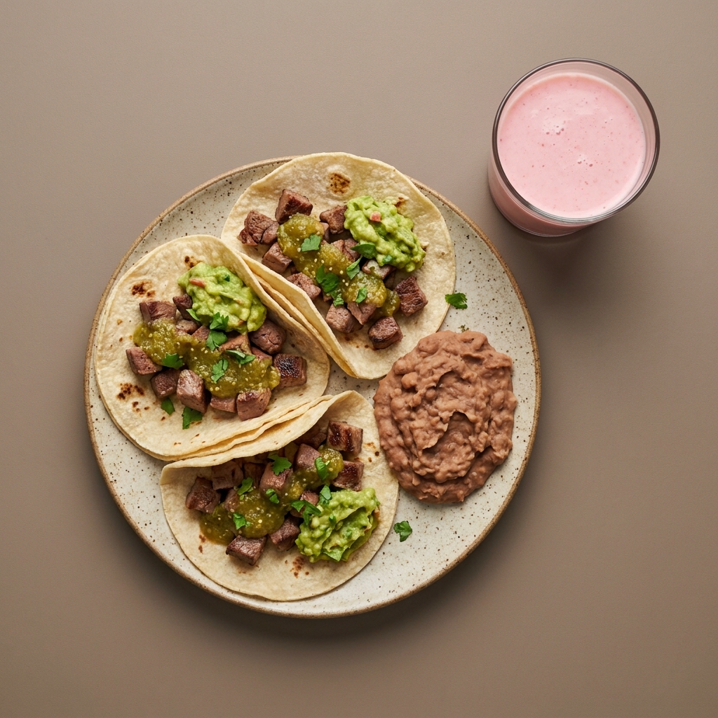 Tacos de lengua de res con salsa verde, frijoles refritos y guacamole, con licuado de fresa