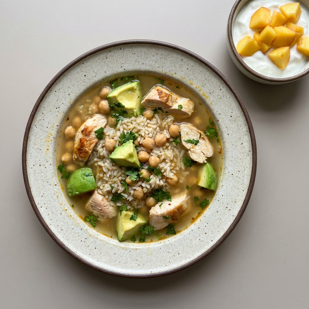 Caldo de pollo con garbanzo, arroz y aguacate, con bowl de yogurt y durazno