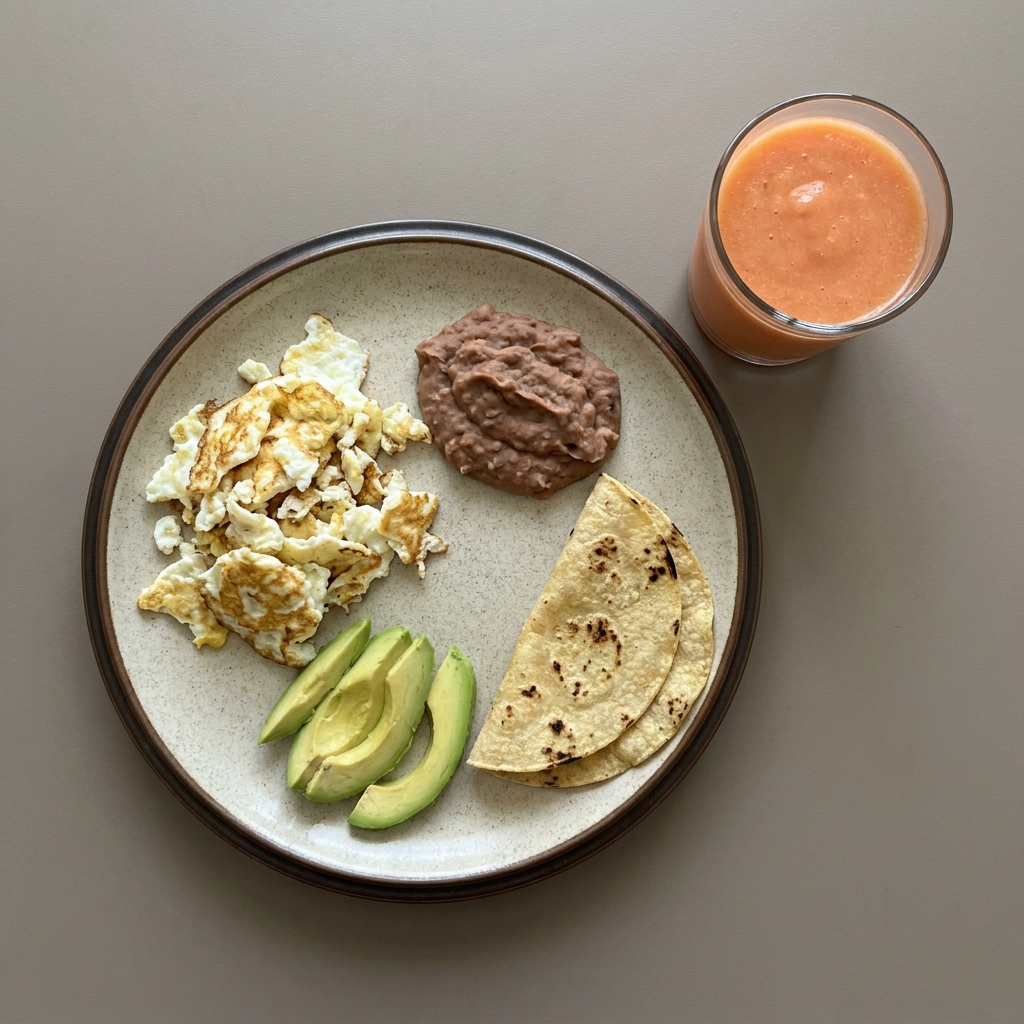 Claras revueltas con frijoles refritos, aguacate y tortillas, con licuado de papaya