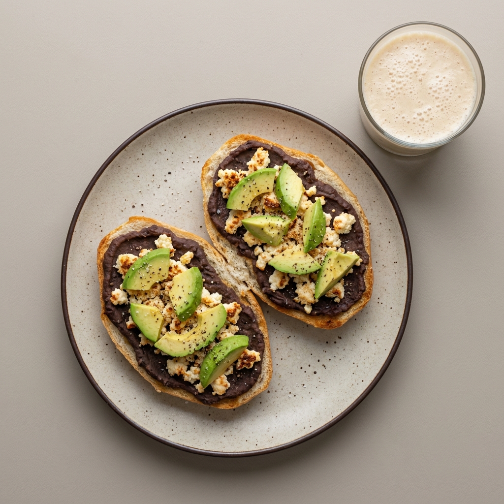 Molletes de frijol con requesón y aguacate, con licuado de plátano