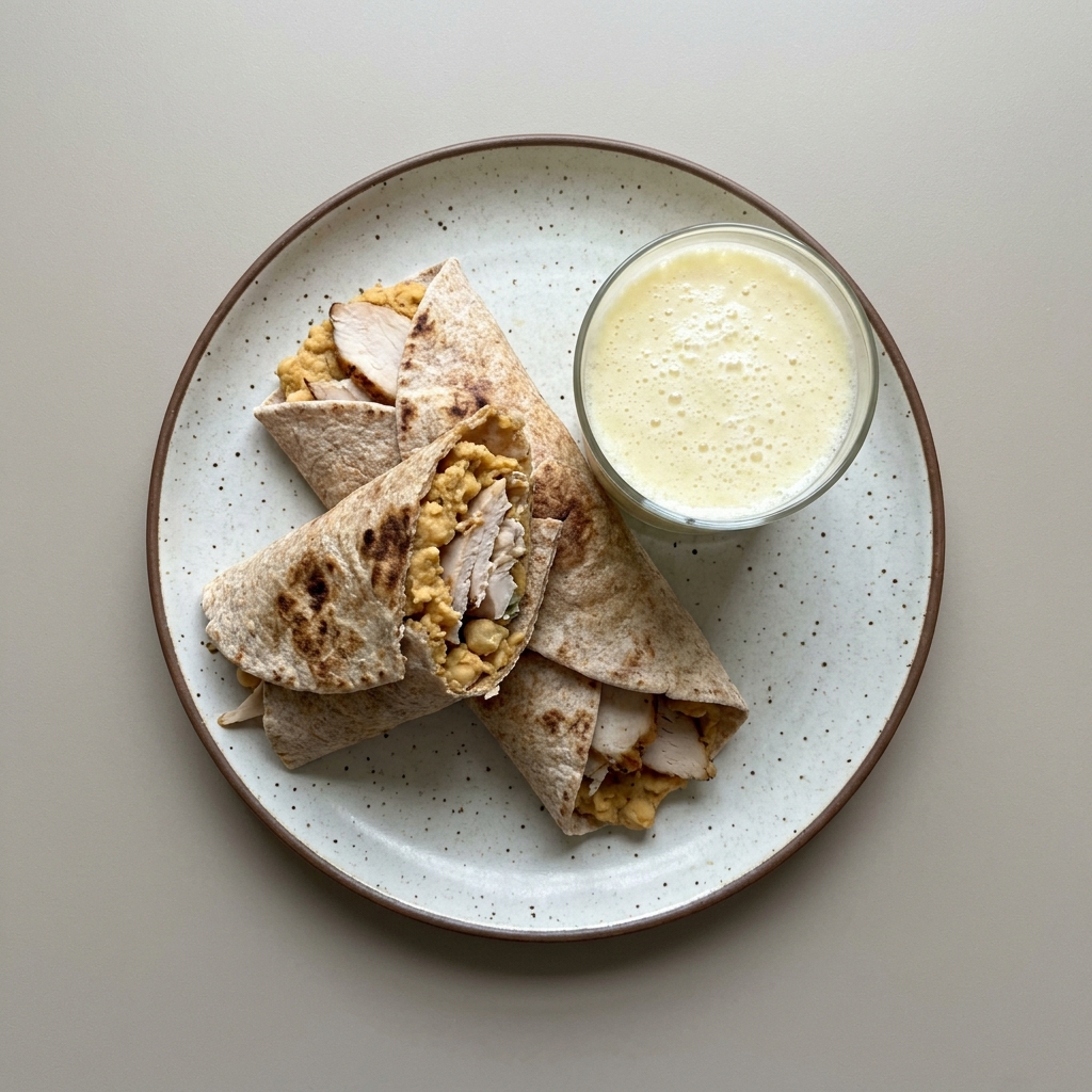 Wrap de pan árabe con puré de garbanzo y pavo, con licuado de piña y yogurt