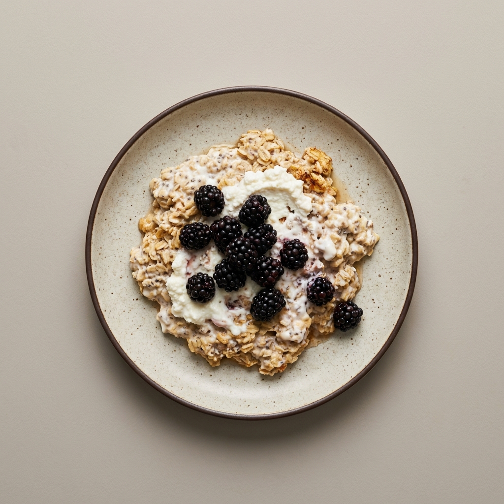 Avena overnight con yogurt natural, ricotta, zarzamora y chía