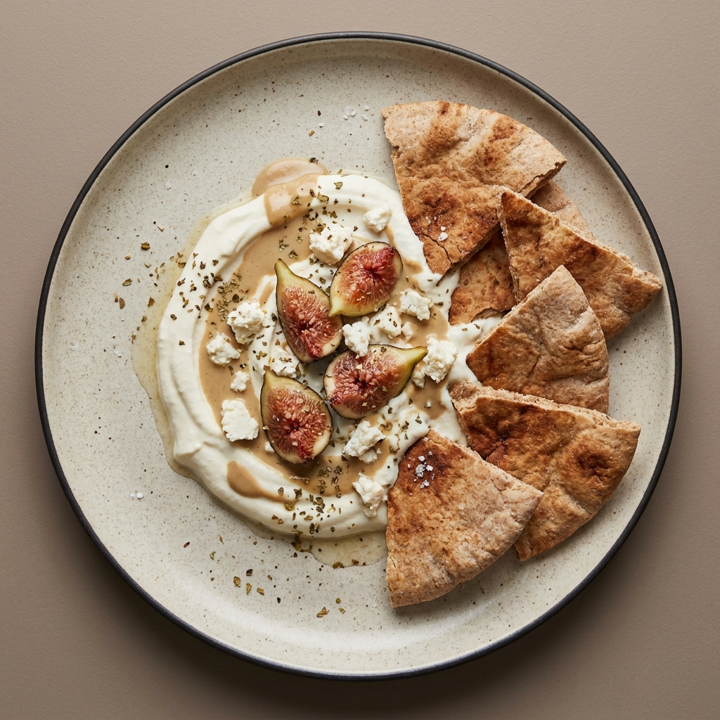 Jocoque con tahini, queso fresco e higos acompañado de pan árabe