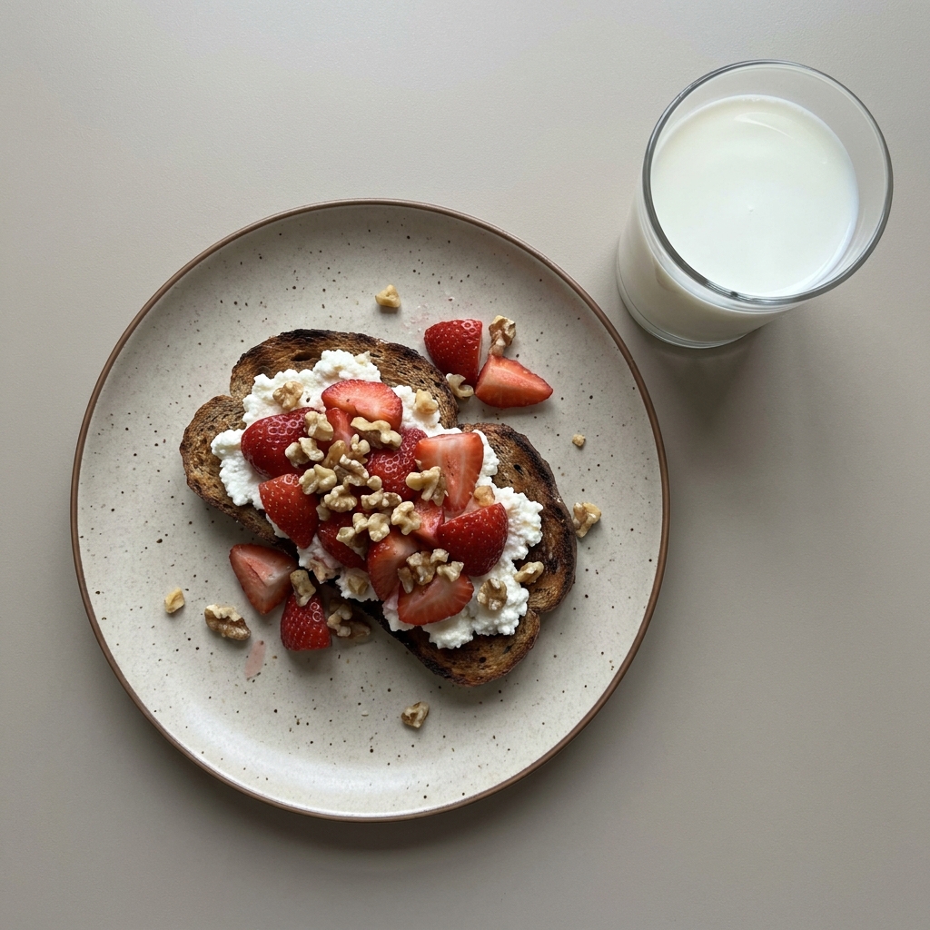 Pan tostado con ricotta, fresa y nuez, con vaso de leche