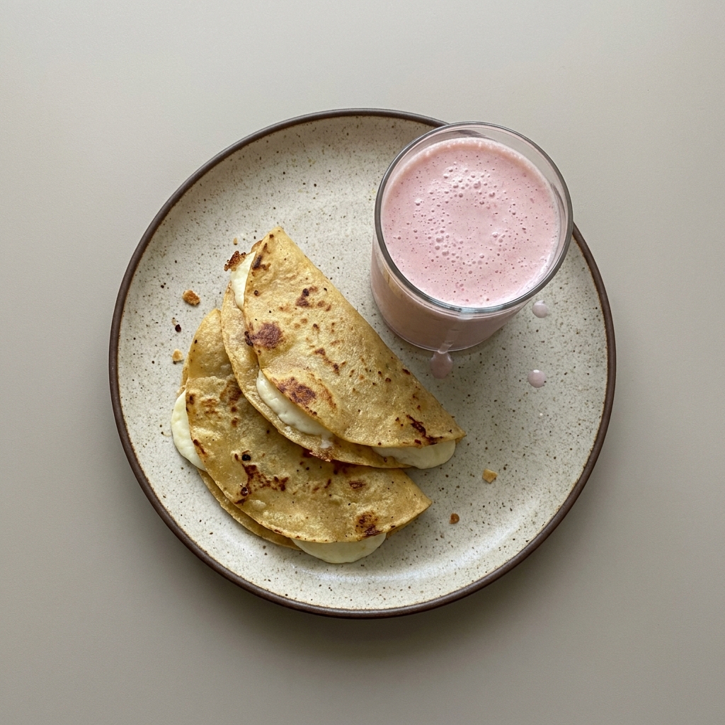 Quesadillas de queso panela con licuado de fresa y crema de almendra