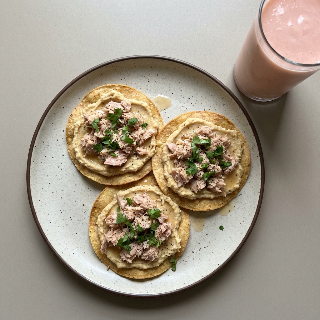 Tostadas de atún con hummus y licuado de guayaba