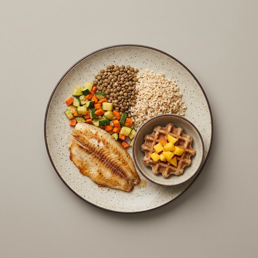 Tilapia a la plancha con arroz, lentejas y calabacitas, y wafle con durazno