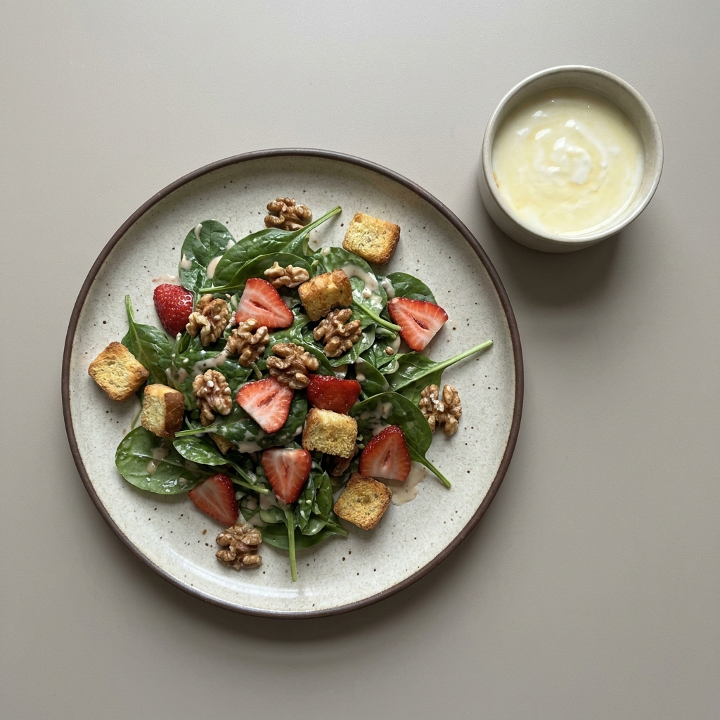 Ensalada de espinaca con fresas, nuez y croutones con aderezo de yogurt con miel